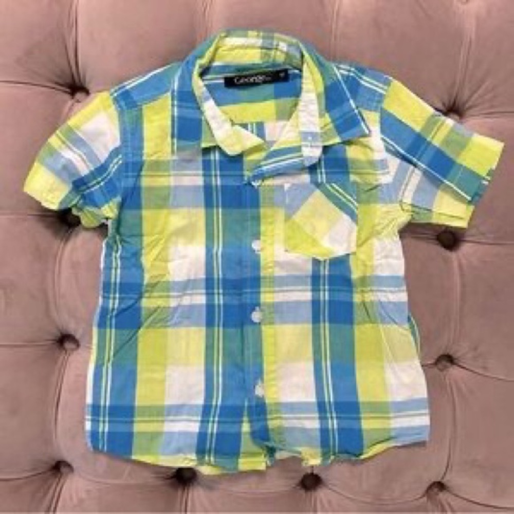 George Boys Short Sleeve Plaid Button-Down Shirt - Blue & Lime